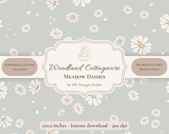 Woodland Daisy Seamless Pattern | Neutral Floral Digital Paper | Cottagecore Fabric Design | PNG JPG | Commercial Use