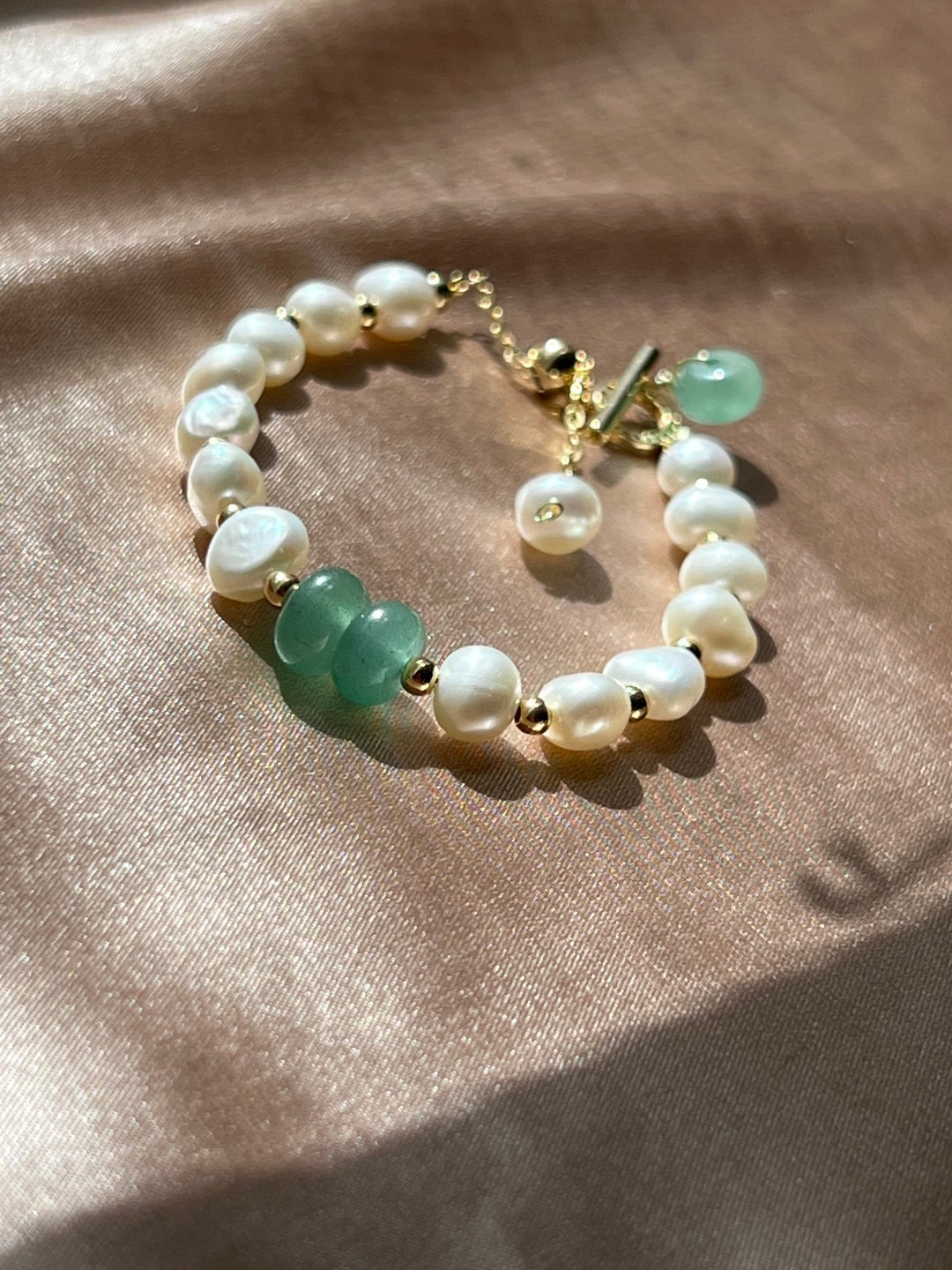 Dainty Pearl Bracelet With Small Jade Donut Beads, Freshwater Pearl ...