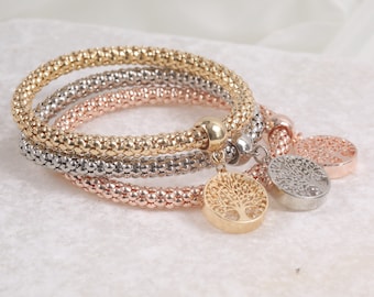 bl003471 LUREME Tree of Life Stretch Bracelets 3PCS Corn Chain Crystal Charms Multilayer Bracelets for Women