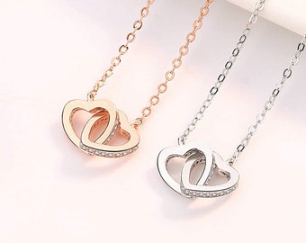 18k Gold Double Crystal Heart Necklace, Interlocking Love Necklace, Connecting Heart Necklace with Zircon, STAINLESS STEEL Two Linked Hearts