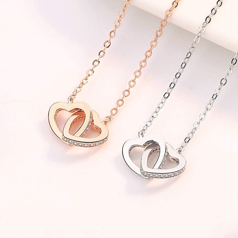 18k Gold Double Crystal Heart Necklace, Interlocking Love Necklace, Connecting Heart Necklace with Zircon, STAINLESS STEEL Two Linked Hearts image 1