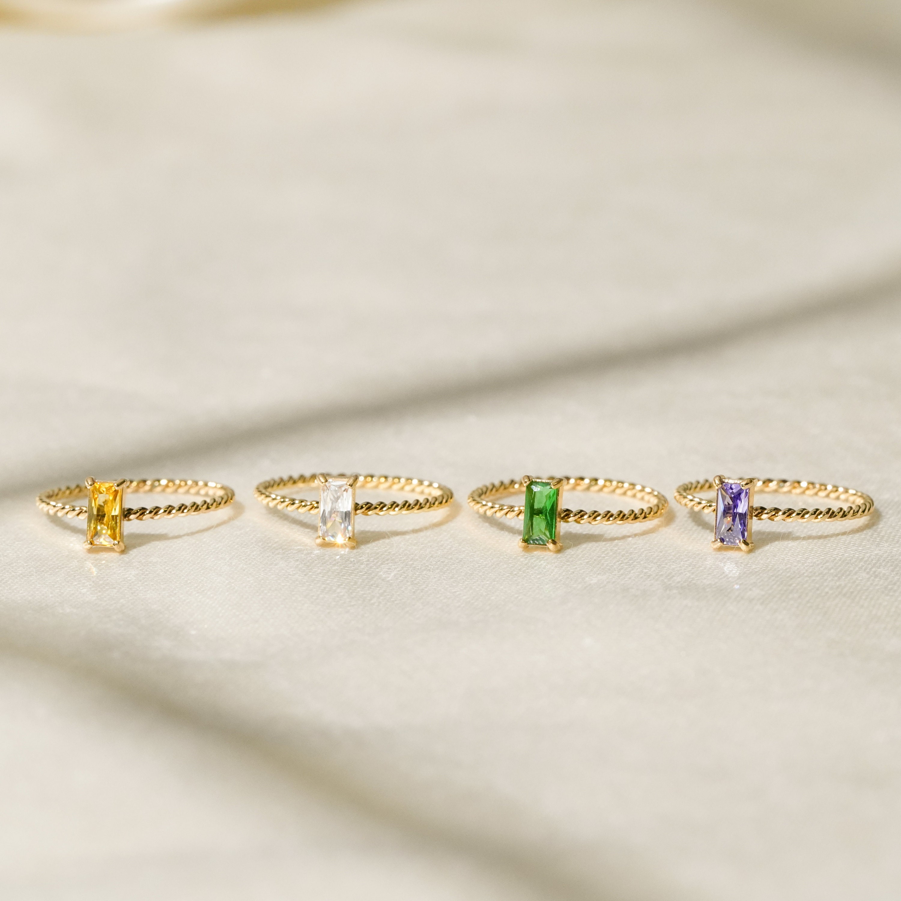 18K Gold Filled CZ Stone Tiny  Square Ring, Twist Band Diamond Zircon Ring, Multi Color Cubic Ring, Custom Rope Ring, Christmas Gift