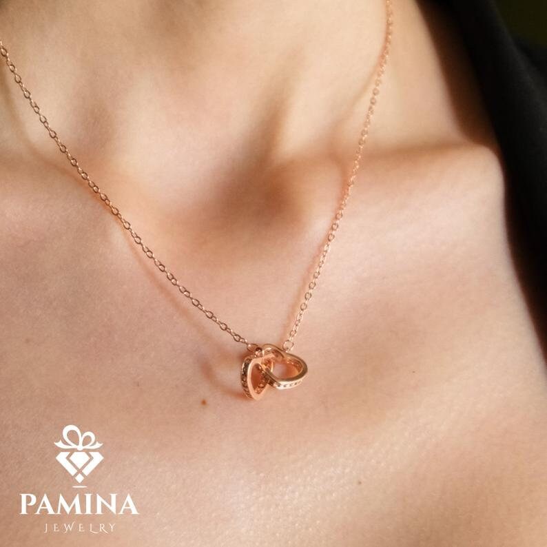 18k Gold Double Crystal Heart Necklace, Interlocking Love