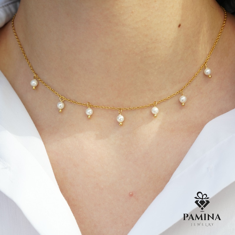 Pearl Choker Necklace Adjustable Gold Barque Pearl Beaded Chain Necklace