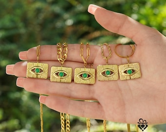 18k Gold Evil Eye Necklace, Vintage Emerald Green Rectangular Evil Eye Necklace, Christmas Gift Necklace, Green Stone Layered Necklace, HER