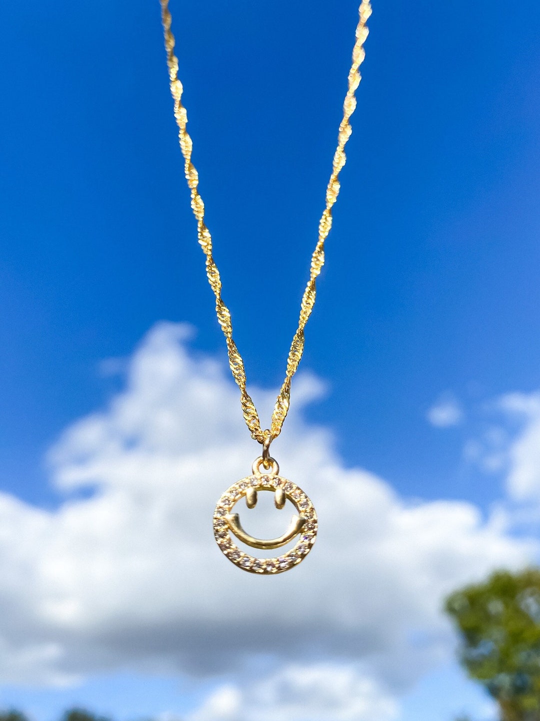 Smiley Face Necklace, Happy Emoji Necklace, Gold Layer Necklace, 18 K