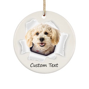 Op de afbeelding: Een ronde, witte keramische ornament met een gescheurd papiereffect dat een lachende, lichtbruine hond onthult. Het ornament heeft een gouden touwtje om op te hangen en de tekst "Custom Text" in het zwart gedrukt.