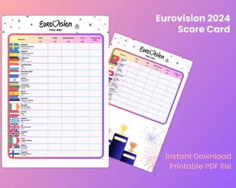 Eurovisie-stemformulier | Songfestival 2024 | A4 afdrukbare scorekaart | Zweden Finale | Malme | Partij sjabloon