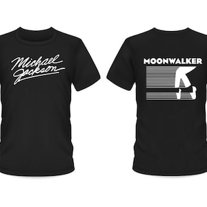 May include: Two black t-shirts with white text and graphics. One shirt says "Michael Jackson" in a cursive font. The other shirt says "MOONWALKER" and features a silhouette of Michael Jackson performing his signature dance move.
