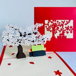 Maison et arbre à fleurs blanches Pendaison de crémaillère, Nouvelle maison, Nouveau déménagement, Félicitations Maison 3D Pop up Carte de voeux
