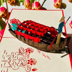 Ein Mann / Frauen, die auf Holzboot 3D Pop-up-Karte, Gruß, Kapitän, Rudern