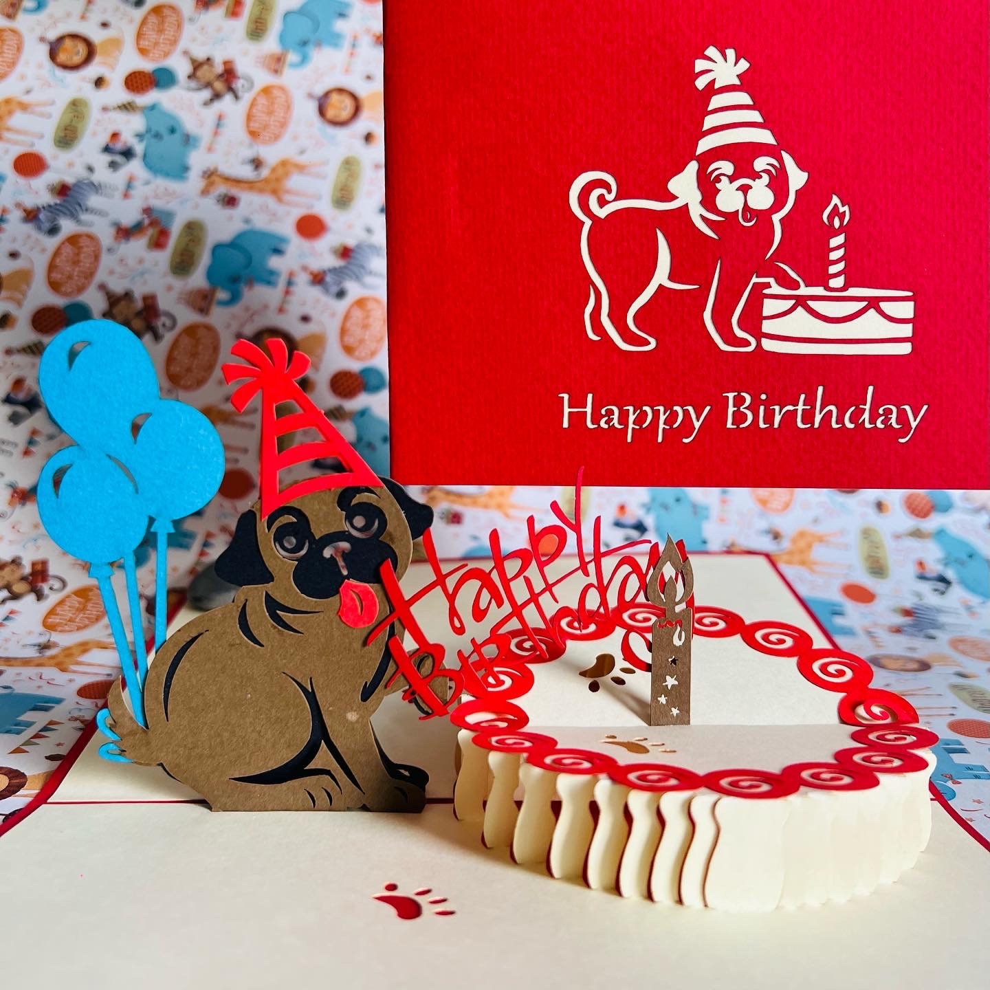 Handmade Happy Birthday Super Cute Pug Dog 3D Pop up 3D Greeting Card ...