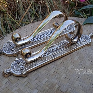 French Brass Door Pull Handles Pair, 11.41 Inch Solid Brass Entry Door Pulls, Gold Finish, Vintage European Scroll Backplate Hardware