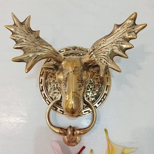 7.87&quot; inch gold LARGE MOOSE Deer Head Hunt Brass door knocker | Brass  moose elk door Knocker with Ring Bell | Unique Brass Door Knocker