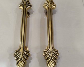 Vintage Solid Brass Sunflower Door Handles | Antique Entry Pull (Pair, 47cm)