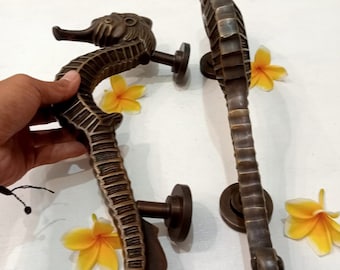Paire de poignées de porte hippocampe en laiton massif, style côtier