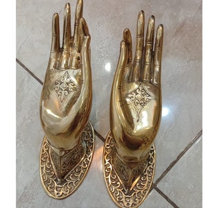 2x pcs 8.26&quot; Beautiful Buddha Gyan Mudra Hand shape hold small ball Handles Aged Brass Patina Knob back plate Heavy| HAND shaped handle
