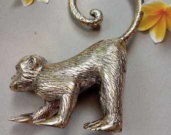 Hand Carved Brass Monkey Figurines Set of 2, Solid Brass Animal Sculptures, 6 Inch Vintage Home Decor, Tropical Jungle Accent