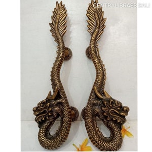 18.89&quot; inches right 2x Vintage DRAGON Handle, Antique Dragon Brass Handle, Dragoon Door Handle, Front Door Handle, main entry door handle