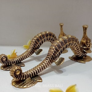 12" Pair main Entry SEAHORSE Handles, Gold Solid Brass Handle (TARRIF PAID)