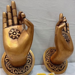 2x pcs Beautiful Buddha Gyan Mudra Hand shape hold small ball Handles Aged Brass, vinatge HAND shaped handle, buddha door handle, brass pull