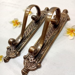 Pair Antique Brass French Door Handles, Solid Brass Entry Door Pulls, Vintage European Style, Luxury Front Door Hardware