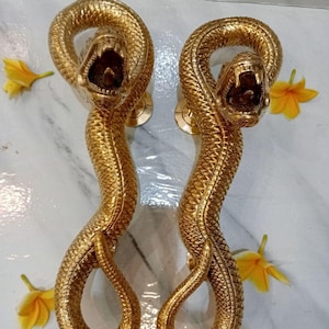 Brass Snake Door Handles, Rattlesnake Sculpture, Gold Finish, 14.17 Inches (Set of 2)