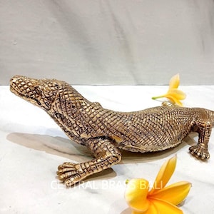 2xpcs Rustic Brass Komodo Dragon Statue | Exotic Reptile Sculpture