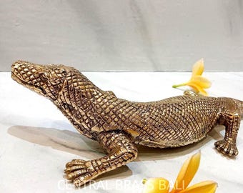 2xpcs Rustic Brass Komodo Dragon Statue | Exotic Reptile Sculpture