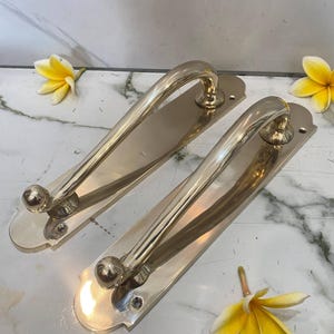 May include: Two polished brass door handles, each featuring a long, rectangular backplate with rounded ends and a curved, arching grip. The handles have a smooth, reflective metallic finish and include visible screw holes at the top and bottom.
