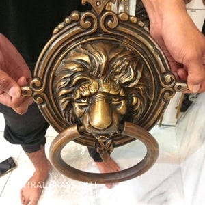 Vintage Lion Head Door Knocker, Solid Brass Heavy Cast Door Pull, Antique Entry Hardware, 11.81 Inch