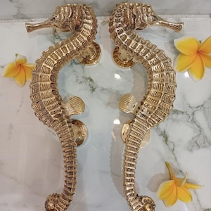 Tiradores de puerta de latón macizo con forma de caballito de mar, par de 30 cm / Tiradores dorados para puerta principal / Herrajes de lujo para puerta de entrada de estilo náutico costero