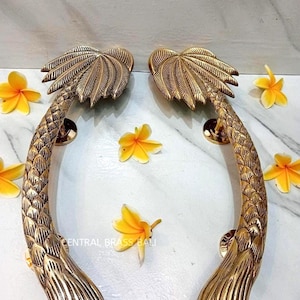 2pcs Palm Brass Door Handles, Gold Palm Leaf Pulls, Tropical Boho Door Hardware, Solid Brass Main Entry Door Handles