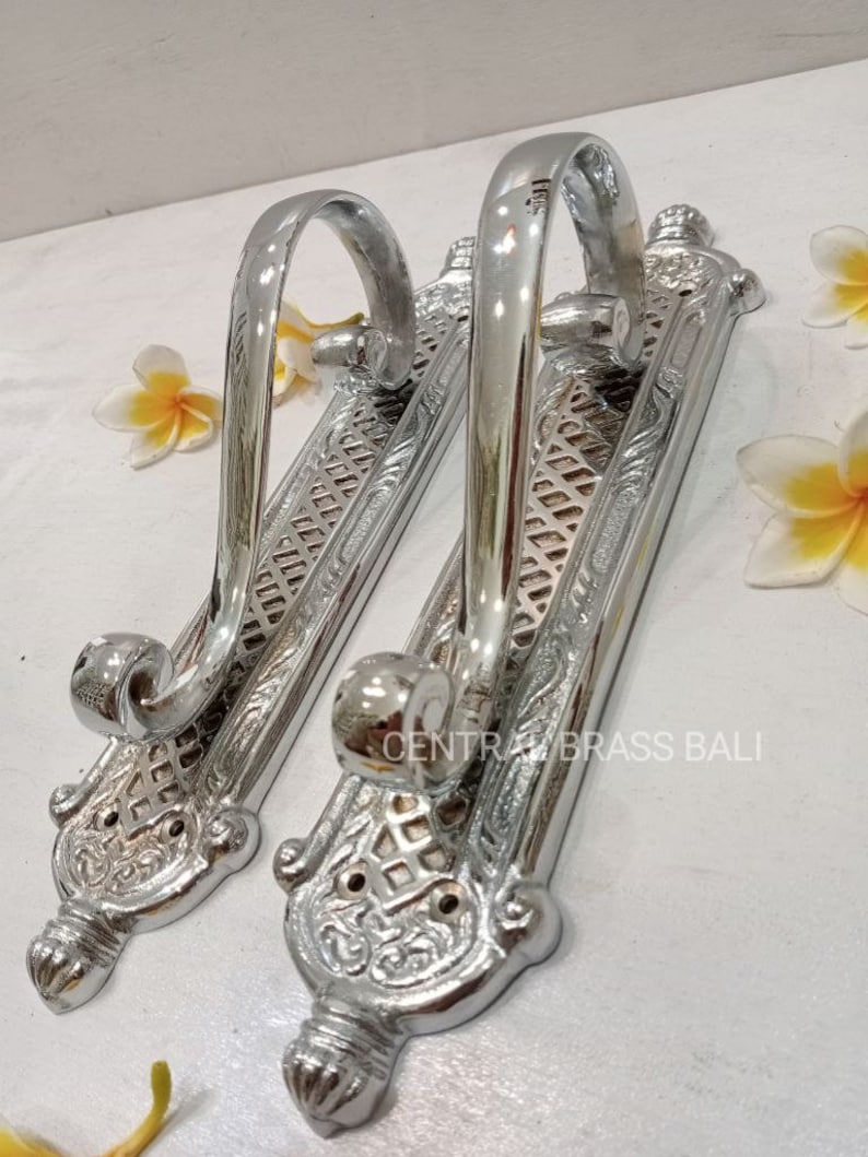 Silver Brass French Door Handles, Classic Entry Pulls (11.81
