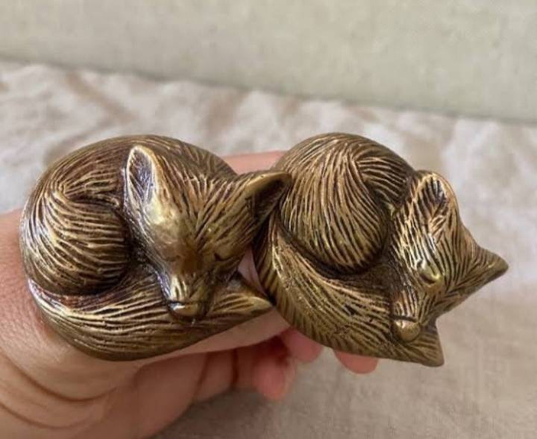 2 Items Vintage Brass Sleeping Fox Knob for Drawer Dresser Solid Brass