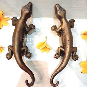 2x antike Messing Gecko-Türgriffe, Eidechsen-Dekor, 10,23 "(TARRIF PAID)