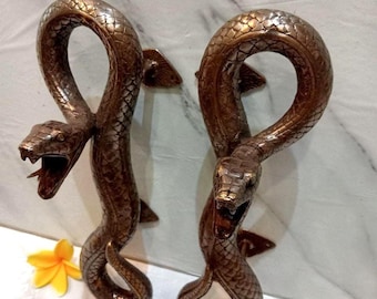Coppia di maniglie per porta a forma di serpente in ottone anticato / Maniglia a tirante vintage a forma di serpente / Ferramenta gotica artigianale per porte d'ingresso / Arredamento di lusso per la casa