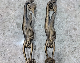 Vintage Mermaid Aluminum Door Handles | Fantasy Island Decor, 12" Pair