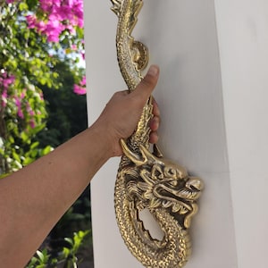 May include: A long, vertical brass door handle shaped like a coiled dragon. The handle features intricate scale textures along the body, a detailed dragon head at the bottom, and a fin-like structure at the top, all finished in a polished gold tone.