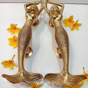 Solid Brass Mermaid Door Handle Pair, Gold Polished Nautical Door Pull, Coastal Entry Handles, Restaurant Cafe Barn Door, 15.35 Inch
