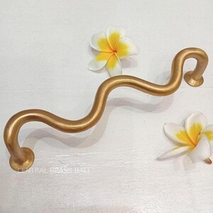 May include: A gold-toned wavy metal cabinet handle with two circular mounting bases, accompanied by two white and yellow plumeria flowers. The text CENTRAL BRASS BALI is visible in the lower left corner of the image.