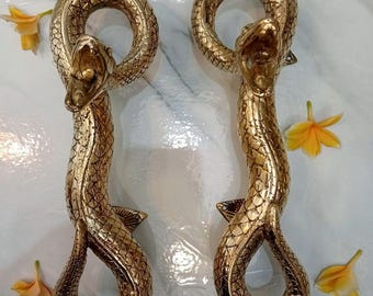 Coppia di maniglie per porta vintage in ottone massiccio a forma di serpente / Maniglia d'ingresso a forma di serpente realizzata a mano / Accessorio per porte gotico di lusso