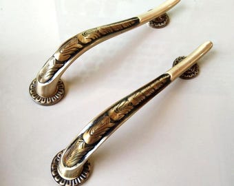 Dörrhandtag i mässing, par med vintagesnidade dörrhandtag, 14,1 tums antika entrédörrhandtag, böjda utsmyckade handtag för ytterdörr eller dubbeldörrar