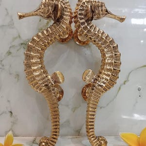12" Pair Solid Brass Seahorse Door Handles | Gold Main Entry Door Pulls | Luxury Coastal Nautical Front Door Hardware