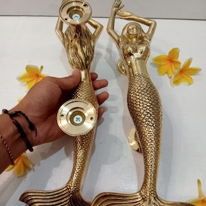 5.35&quot; inches Door Pull Gold polish MERMAID Handle, Barn Door Handle, Entry Door Handle, Brass Door Handle Pull, coastal door handle