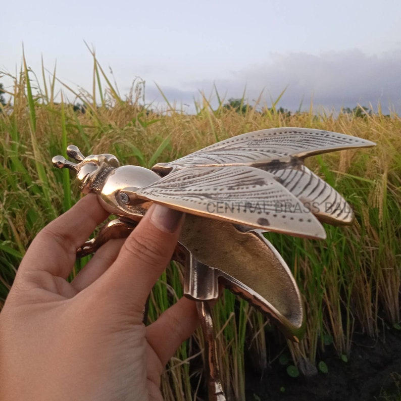 A brass fly doorstop with detailed wings and a textured body. The doorstop is in the shape of a fly with its wings spread out. The doorstop is made of solid brass and has a polished finish. The doorstop is a decorative and functional piece that can be used to keep doors open or closed .Small sculpture for shelf Decorative fly ashtray brass Insect themed brass ashtray
Minimalist brass shelf piece Brass bee for home style Luxe brass shelf figurine Fly shaped brass ashtray Brass fly insect ashtray