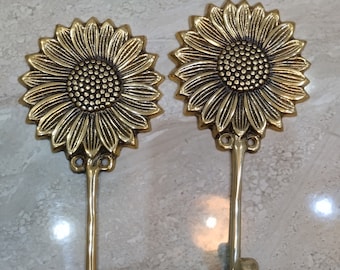 2x Gouden Vintage Grote ZONNEBLOEM muurhaak Coat Wall Hook Brass Old Style 16,5 cm Wall Mounted Hand Cast 6.49" Inch, Wall Door Hook