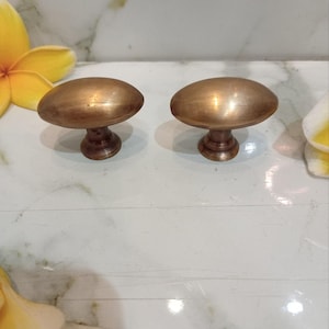 May include: Two oval-shaped cabinet knobs with a smooth, brushed metallic bronze finish. Each knob features a rounded, elongated top surface and a tapered, circular base that connects to the mounting point, presenting a uniform appearance.