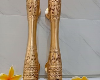 Pair of Gold Polish Solid Brass Egypt Carved Door Handles (11.81" inch) (TARRIF PAID)