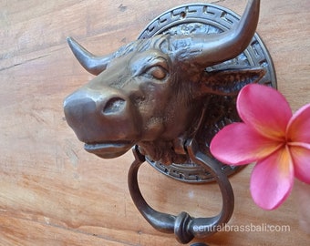 1x Bull Horns Door knocker | Brass large Stunning Heavy Vintage front door knocker Ring | Antique Solid Brass Door Banger 17cm STEER COW